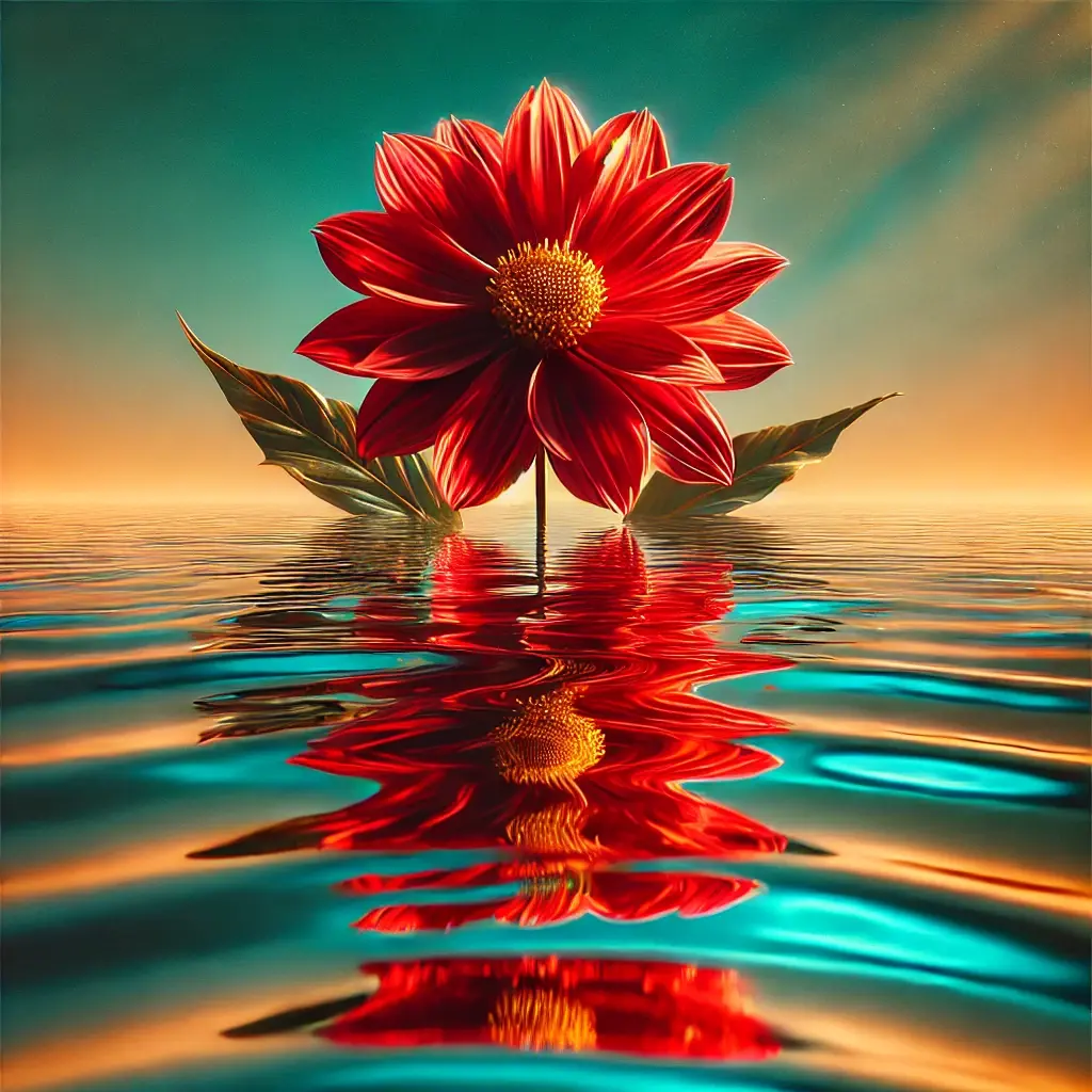 A vivid red flower reflected in tranquil teal water with gentle ripples, illuminated by golden sunlight, embodying serenity and rhythm.