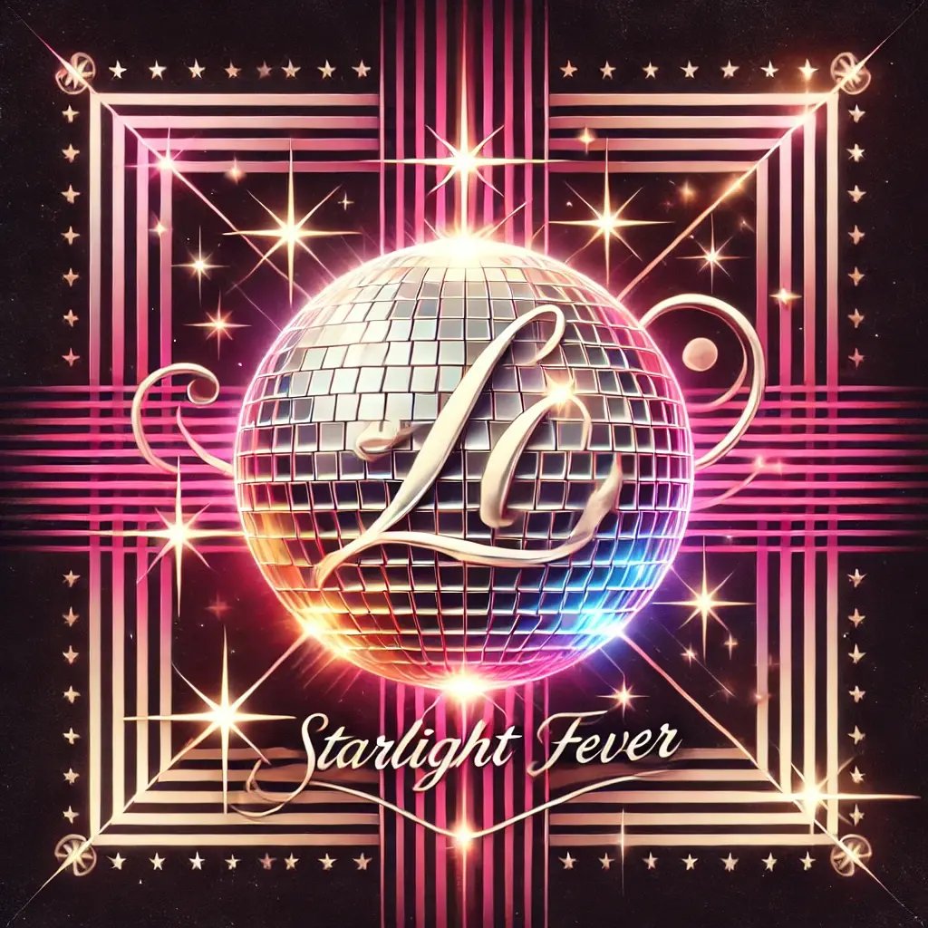 A shimmering disco ball glowing under vibrant pink and gold lights, surrounded by subtle star patterns.